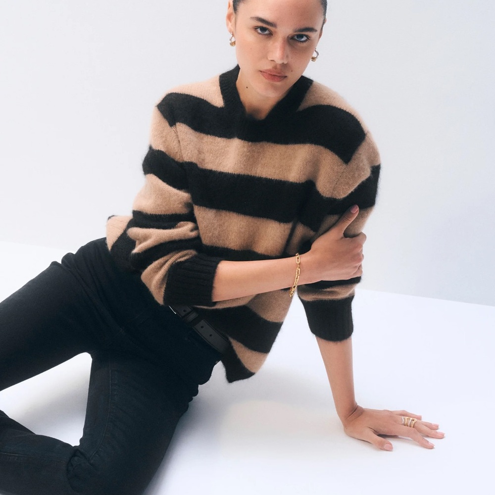 NWT White + Warren Black and Natural Striped Crewneck Sweater L - Picture 2 of 6